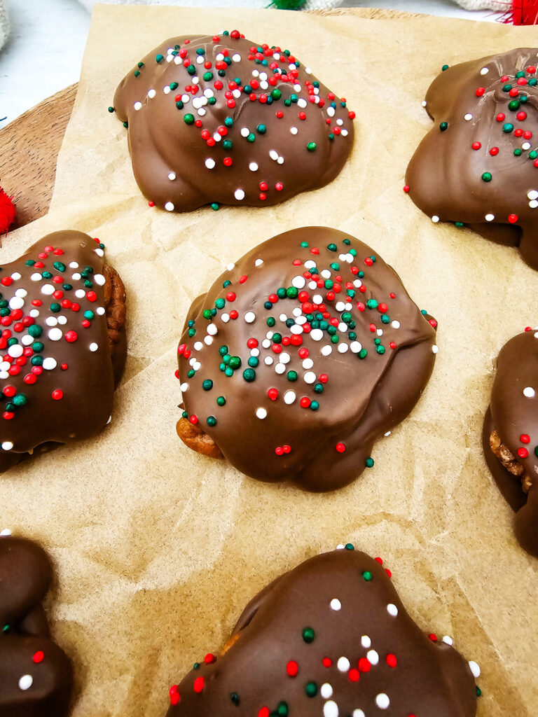 closeup of finished caramel pecan clusters