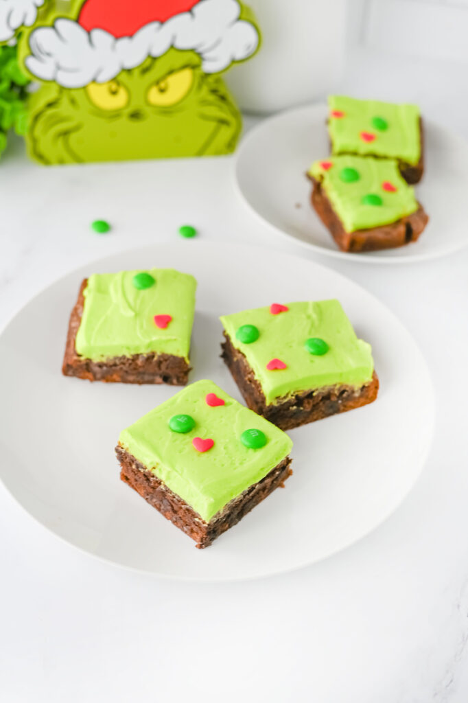 holiday Grinch brownies on a plate