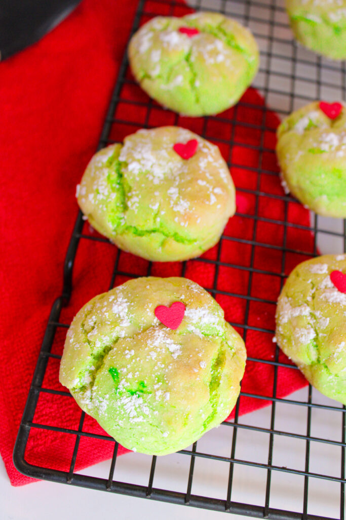 finished grinch cake mix cookies on a counter