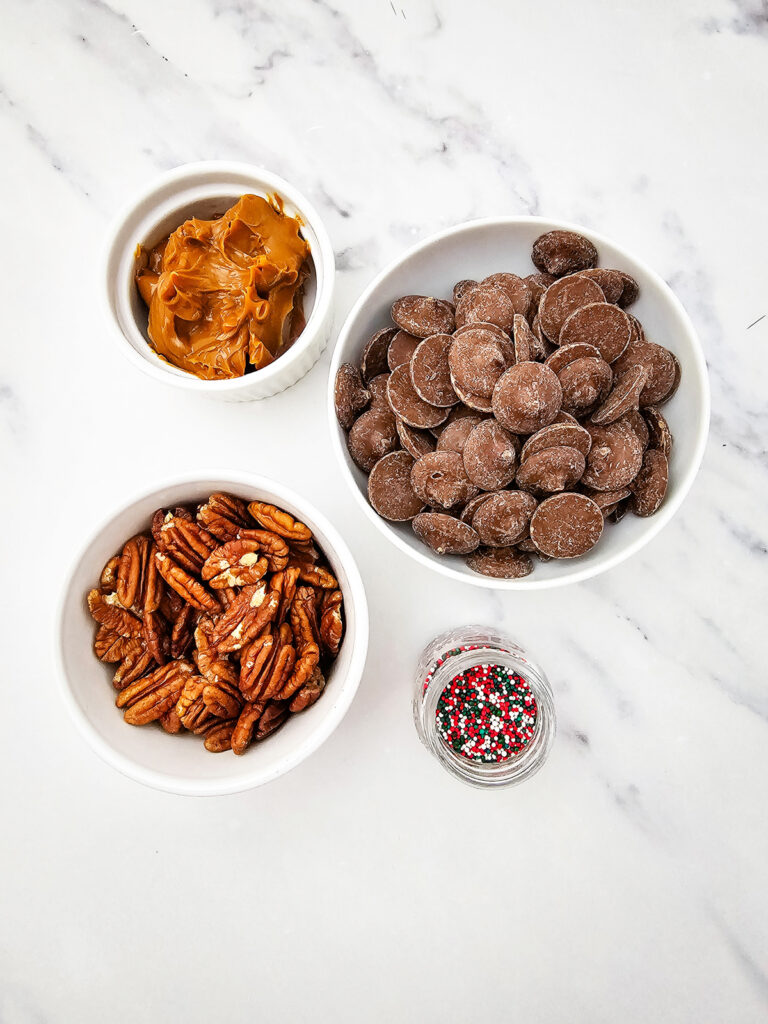 overhead shot of caramel pecan clusters ingredients