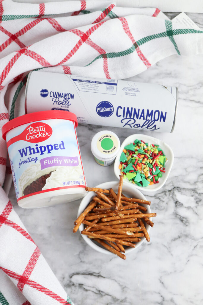 overhead shot of ingredients for cinnamon roll christmas trees