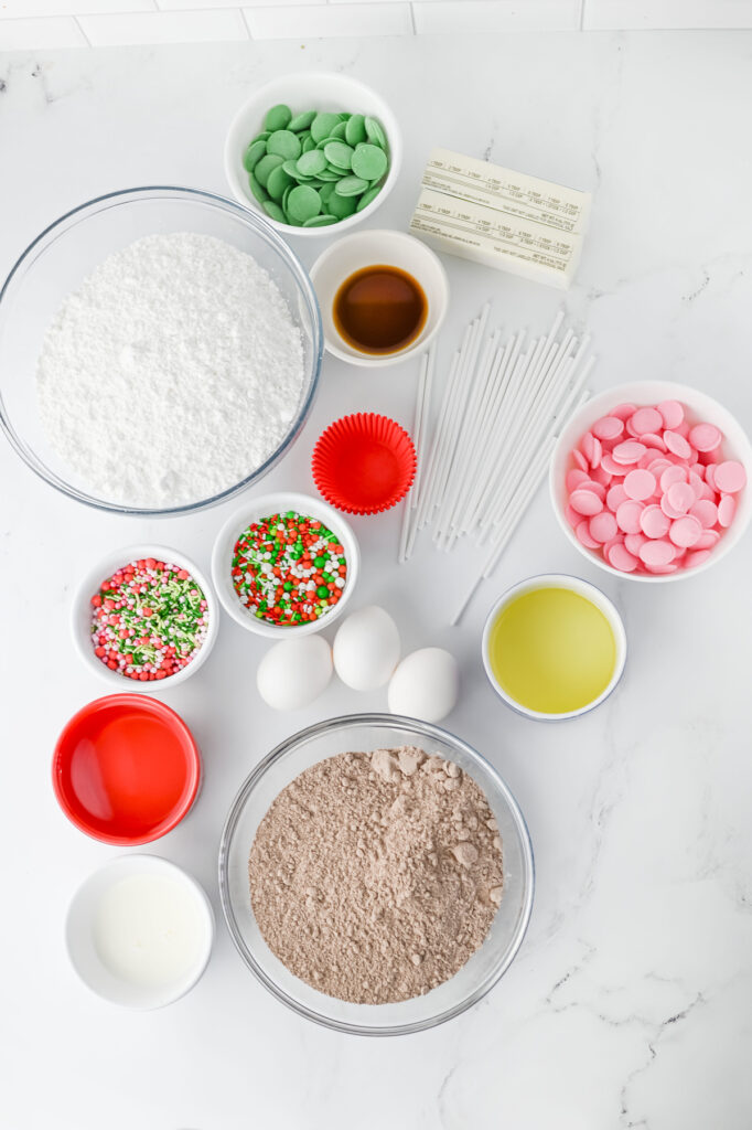 overhead shot of christmas tree cupcake ingredients