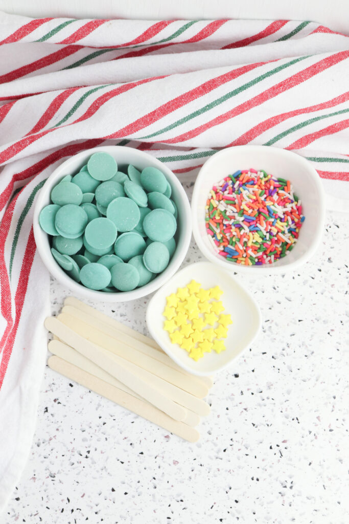 overhead shot of Christmas tree candy pops ingredients
