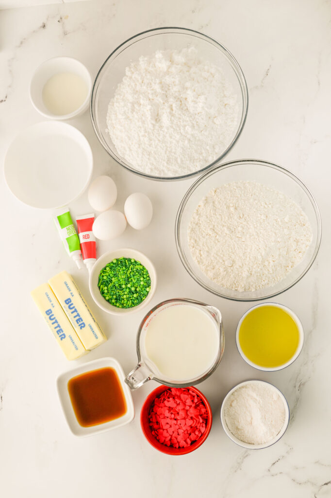 overhead shot of ingredients for grinch poke cake