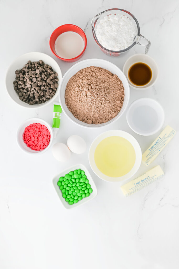 overhead shot of ingredients for grinch brownies
