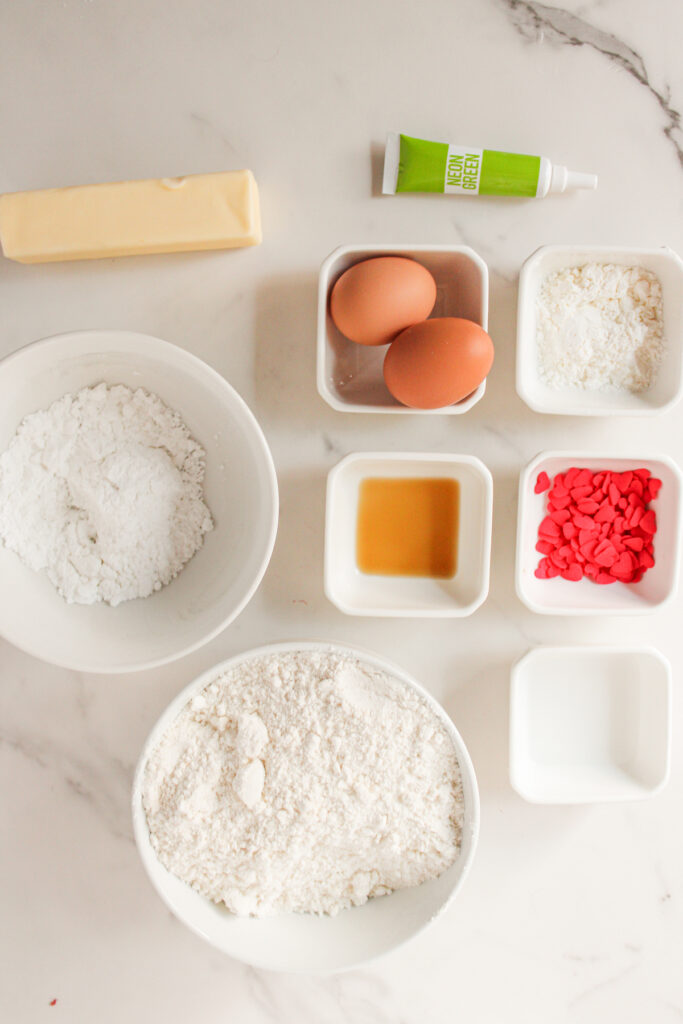 overhead shot of ingredients for grinch cookies