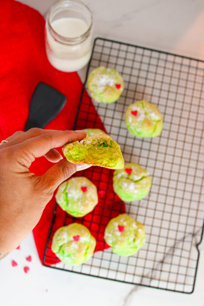 closeup of the inside of a grinch cookie