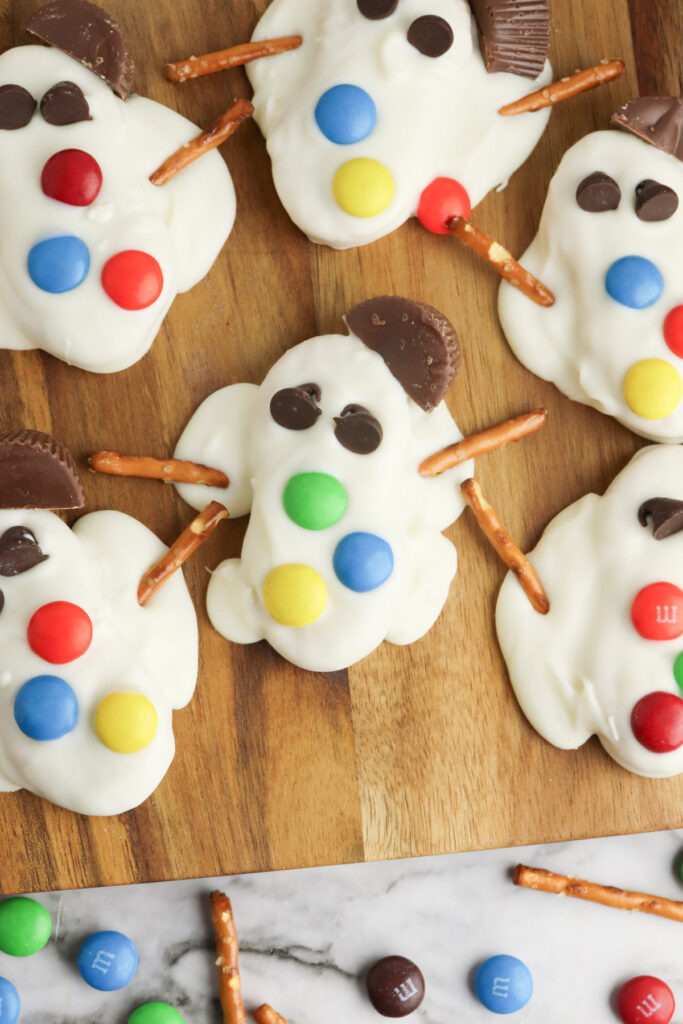 closeup of melting snowman treats on a counter