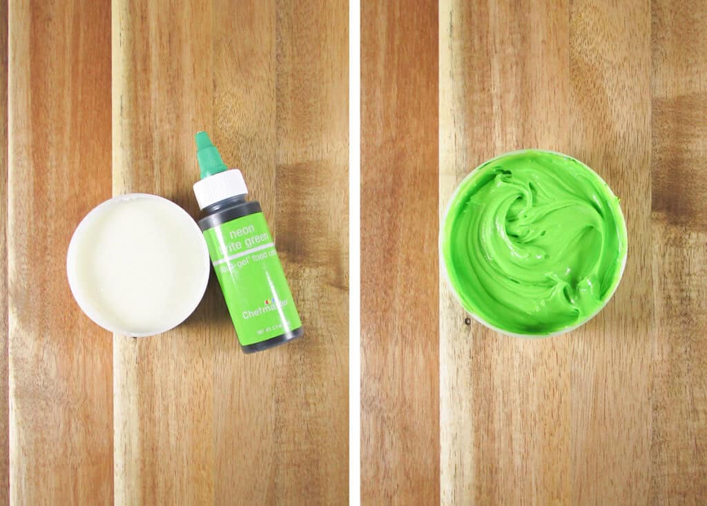 mix green food coloring into cinnamon roll icing
