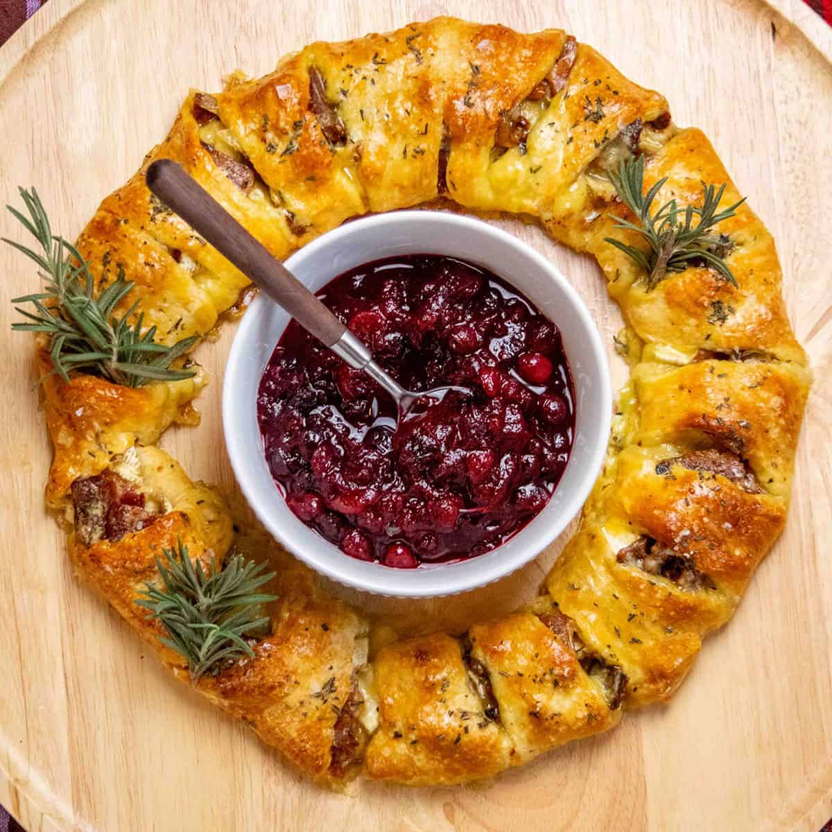 Bacon Brie Crescent Wreath with Cranberry Compote