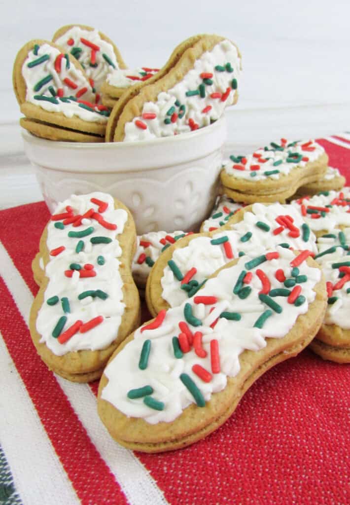 closeup of holiday sprinkle nutter butters in a bowl