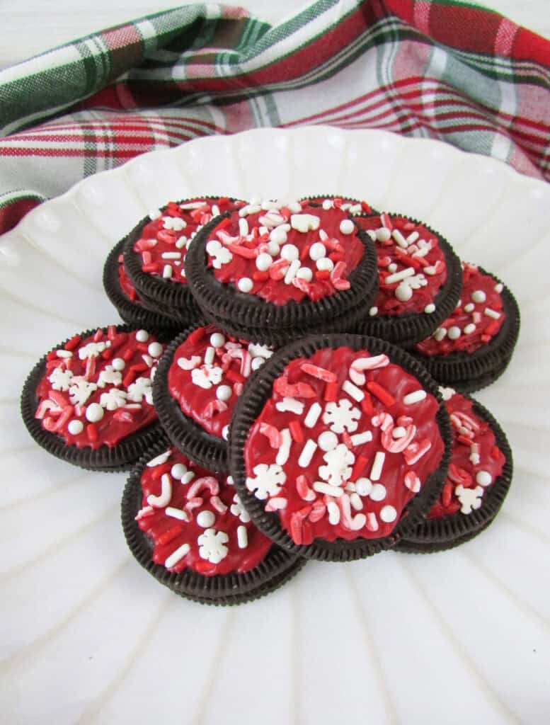 holiday peppermint oreos on a plate