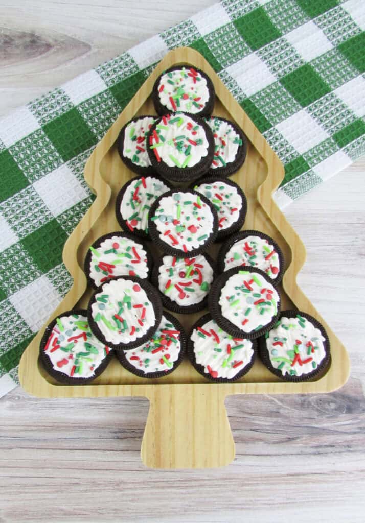 holiday sprinkles oreo treats on a tray