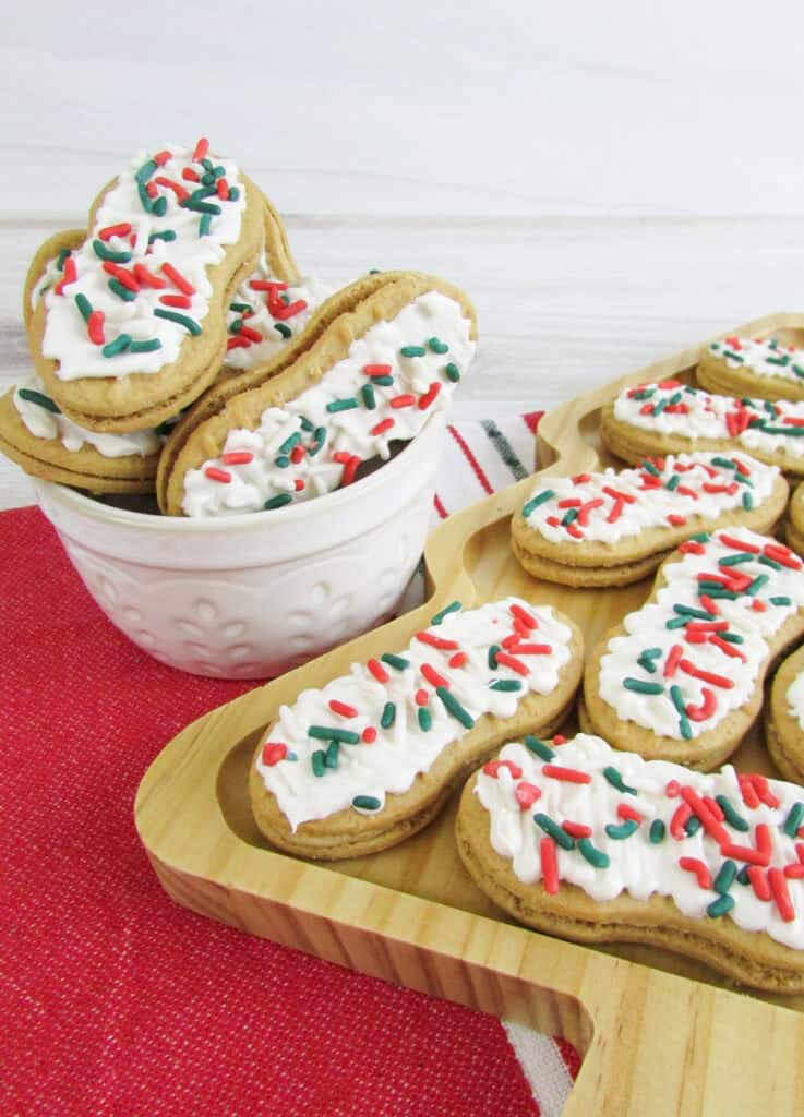 holiday sprinkle nutter butter cookies on a cookie tray