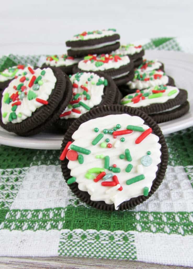 closeup of Christmas sprinkle Oreo treats