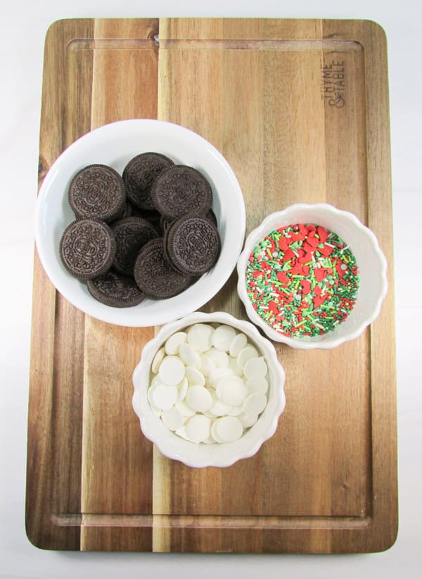 overhead shot of ingredients for holiday sprinkle oreos