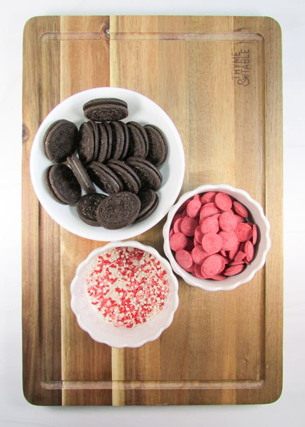 overhead shot of ingredients for peppermint oreo cookies