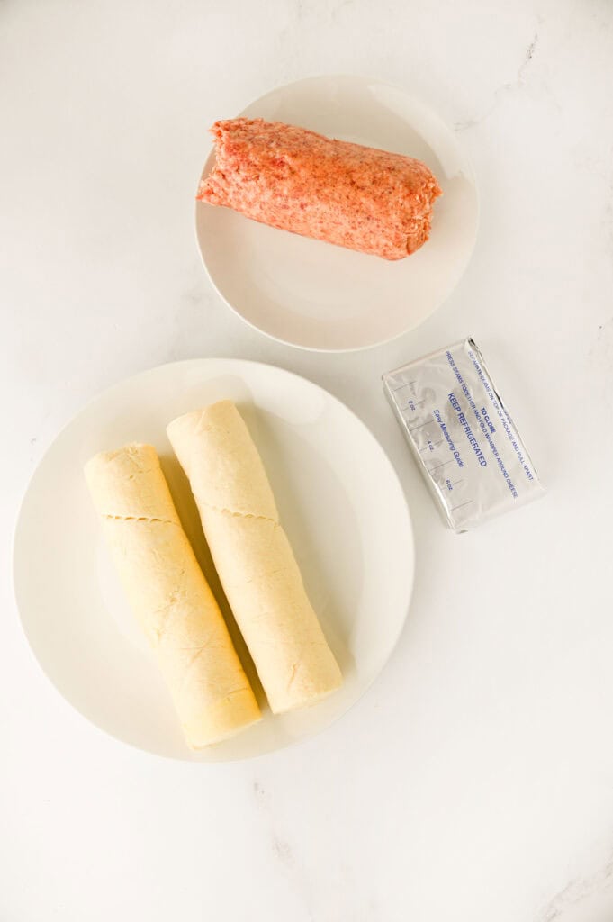 overhead shot of ingredients for sausage cream cheese pinwheels
