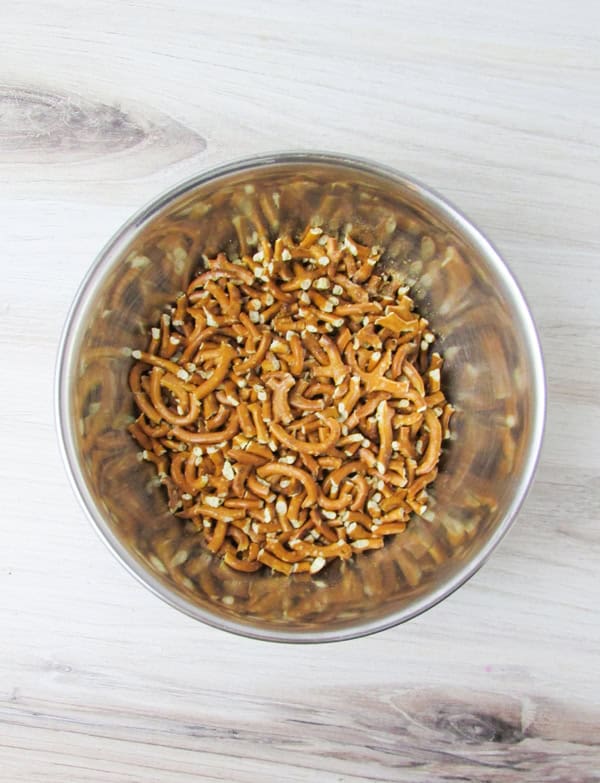 pretzel pieces in a bowl