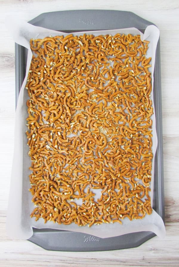 spread pretzel pieces on parchment