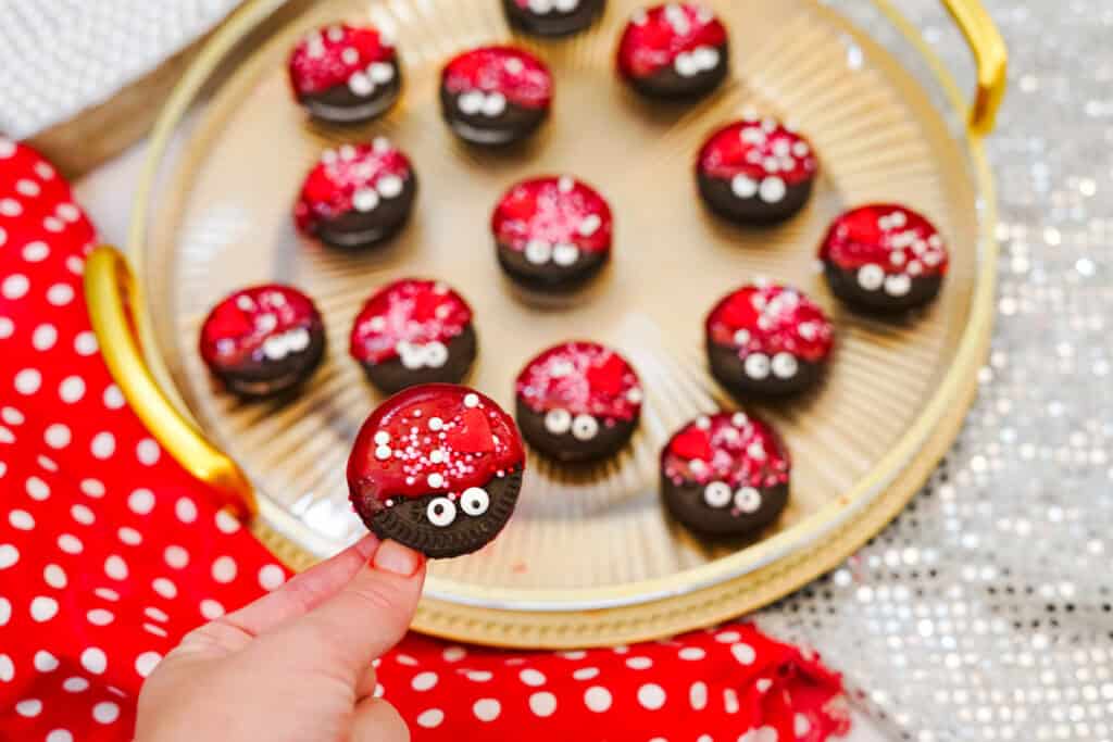closeup of finished ladybug oreos
