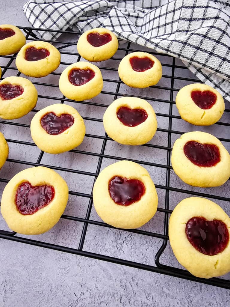 heart jelly cookies on a cooling rack