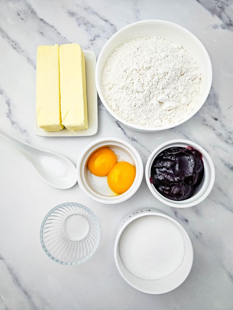 overhead shot of ingredients for homemade heart jam cookies