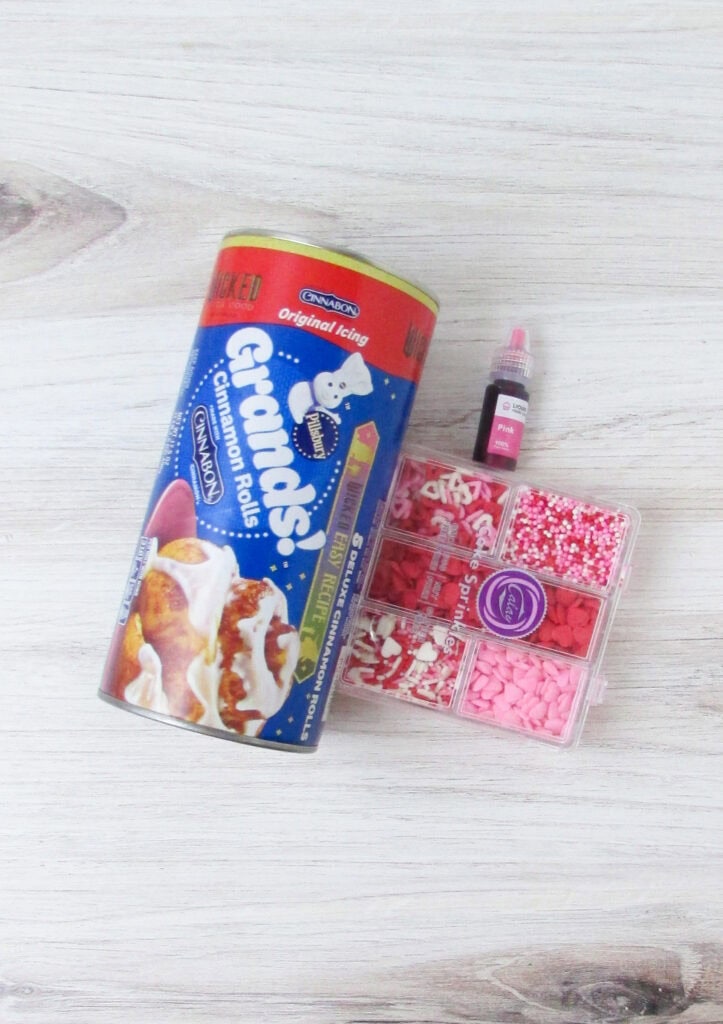 overhead shot of ingredients for valentine's day cinnamon rolls