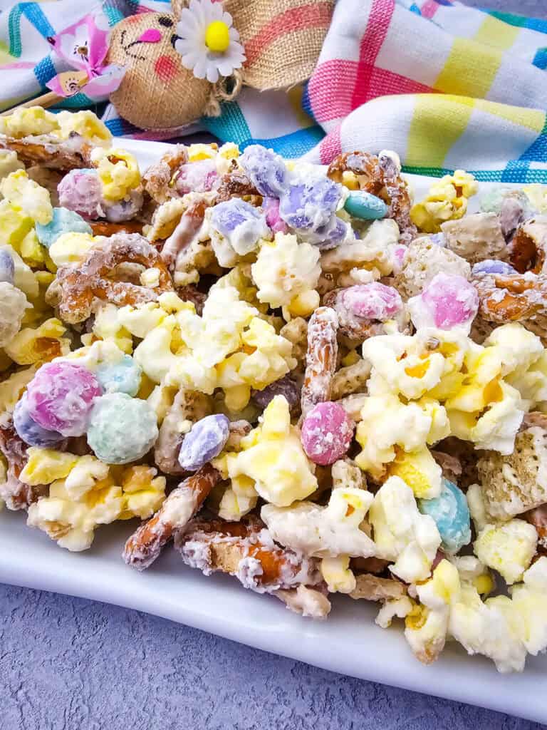 closeup of snack mix on a tray
