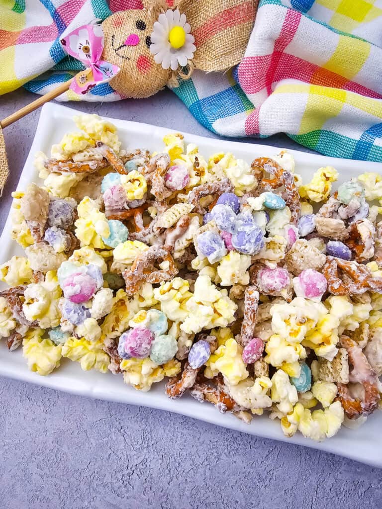 bunny bait popcorn snack mix on a tray